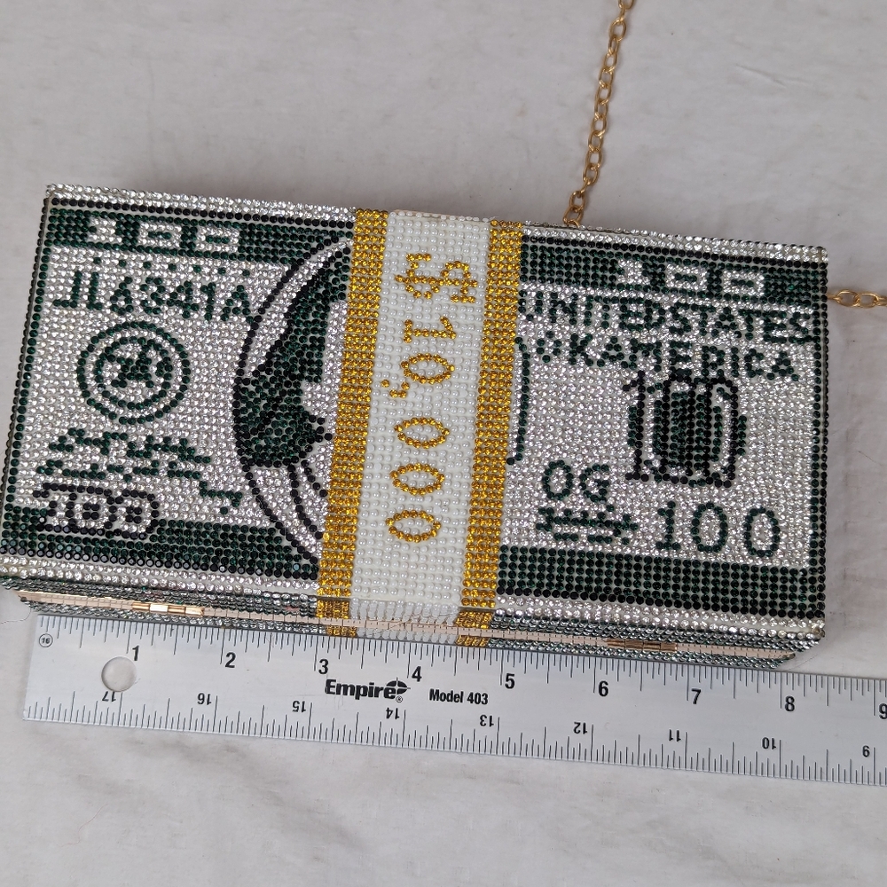 Money $$$$ Crossbody  with Rhinestones Bling!  Includes 2 Chain Lengths - Picture 14 of 15